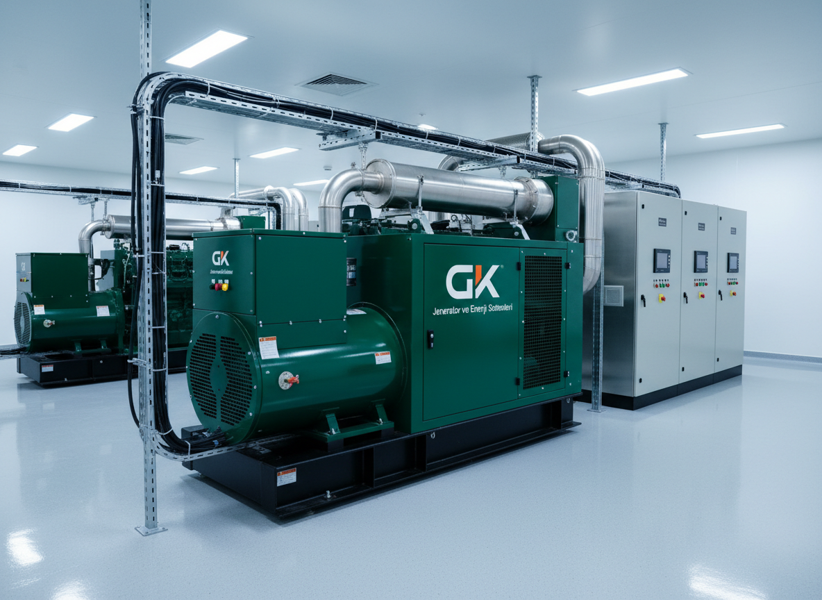 A meticulously maintained industrial diesel generator set in a spotless, modern equipment room, its dark green housing with crisp white “GK Jeneratör ve Enerji Sistemleri” branding clearly visible on the side. Heavy-duty cables and neatly labeled control panels surround the unit, mounted on a clean, light gray epoxy floor. Cool, even overhead LED lighting creates soft reflections on the metallic surfaces and highlights the texture of bolts, vents, and exhaust piping. The background is slightly blurred to keep focus on the generator, captured at eye level with a slight three-quarter angle. The mood is professional, reliable, and high-tech, with photographic realism and a clean, corporate aesthetic ideal for a homepage hero image about generator maintenance and service.