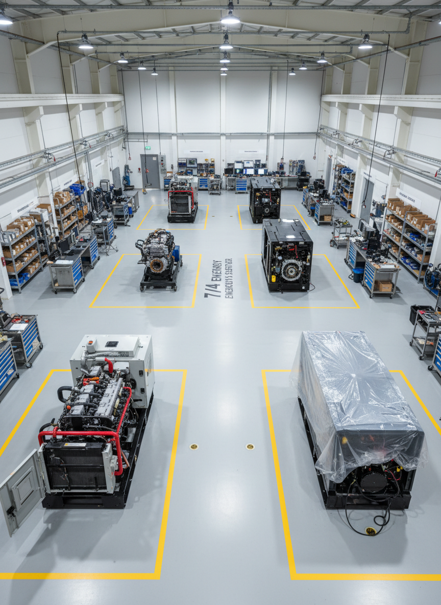 An overhead interior view of a bright, orderly generator service bay featuring multiple generators in different stages of maintenance, each positioned on its own marked service zone on a light gray epoxy floor. Open panels reveal internal components, radiators, and wiring harnesses, all appearing clean and well-organized. Tool carts, test benches, and labeled parts shelves line the perimeter, carefully arranged without clutter. Uniform, cool-white industrial LED lighting from the high ceiling creates consistent, shadow-free illumination across the entire space. The bird’s-eye photographic composition emphasizes scale, process, and efficiency, with sharp focus throughout. The atmosphere is controlled, systematic, and highly professional, underscoring 7/24 maintenance, repairs, and comprehensive energy system support for industrial and commercial clients.