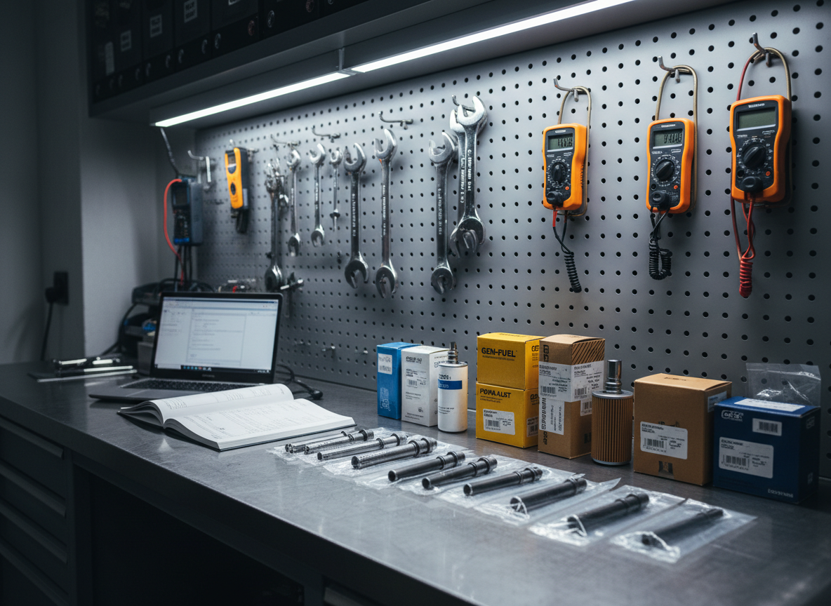 An organized workbench dedicated to generator repair and maintenance, featuring neatly arranged original spare parts such as fuel filters, oil filters, belts, injectors, and control modules in branded packaging. A robust steel workbench with a smooth, dark surface holds an open service manual and diagnostic laptop beside the components. Behind, wall-mounted perforated panels carry carefully hung torque wrenches, multimeters, and specialized tools. Cool white workshop lighting from above casts gentle, controlled shadows, making labels and textures highly visible. Captured from a slightly elevated angle with moderate depth of field, the scene feels methodical, trustworthy, and professional. Photographic realism and a tidy, modern aesthetic highlight the company’s focus on genuine parts supply and expert repair of generator systems.
