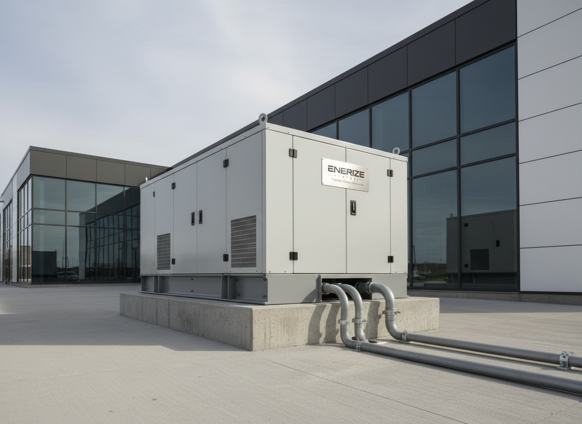 A large standby generator installation outside a contemporary commercial building, housed in a light gray weatherproof enclosure mounted on a reinforced concrete pad with tidy cable ducting. In the background, the building’s facade and a clear, slightly overcast sky create a neutral corporate setting. Soft daylight provides even illumination, with subtle reflections along the metal surfaces and gentle shadows beneath the enclosure. The camera captures the scene from a low, wide-angle perspective, emphasizing the scale and robustness of the installation. The mood is dependable and secure, showcasing uninterrupted energy assurance. Photographic realism and a clean, professional composition support messaging about turnkey energy systems, outdoor installations, and long-term service contracts.