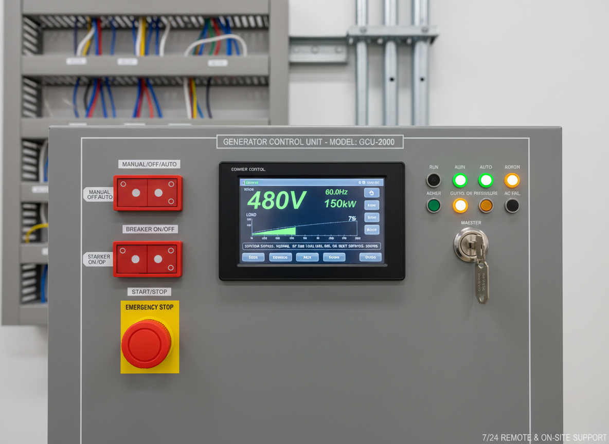 A close-up, detailed view of a digital generator control panel displaying active status lights, precise voltage readings, and diagnostic information on a crisp color screen. Surrounding the panel are clearly labeled industrial switches, emergency stop button, and key-operated controls mounted on a matte gray metal enclosure. The environment is an immaculate generator room with blurred cable trays and conduit in the background. Neutral, diffused LED lighting from above ensures every button and label is legible without harsh glare. Shot straight-on with sharp focus across the frame, the composition is centered and balanced, conveying precision, monitoring, and expert fault diagnosis. The photographic realism and clean, modern style emphasize technical expertise and 7/24 remote and on-site support services.