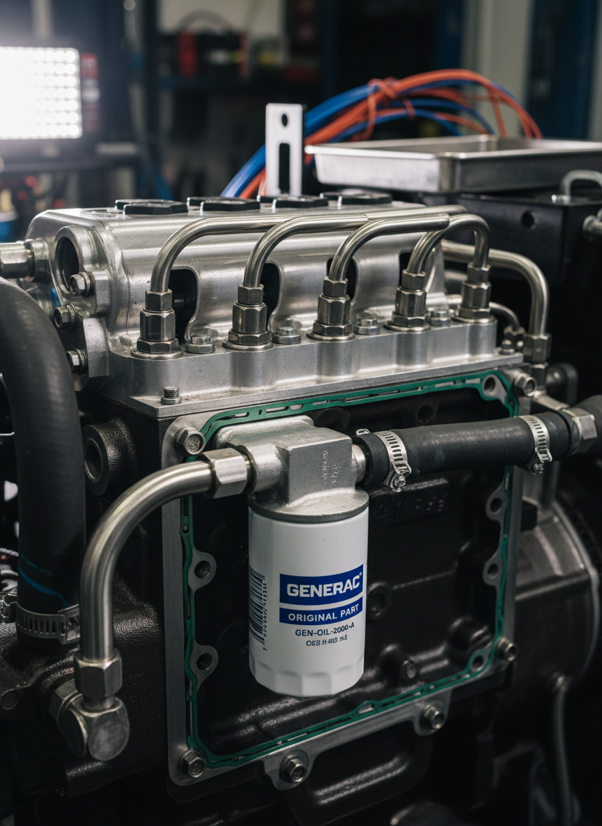 A dramatic close-up of a generator’s internal engine components during preventive maintenance: gleaming metallic cylinder head, injector lines, and heavy-duty hoses, with a freshly installed original oil filter displaying clear manufacturer markings. The engine block’s dark, textured metal contrasts with polished bolts and clean gasket edges. The background suggests a tidy engine bay with blurred wiring looms and brackets. Focused LED inspection lighting from the side creates precise highlights and defined shadows that emphasize the engineering detail. Captured with shallow depth of field and a tight, cinematic photographic realism, the composition feels technical and meticulous. The mood conveys precision, reliability, and the importance of original parts in extending generator life and preventing breakdowns.